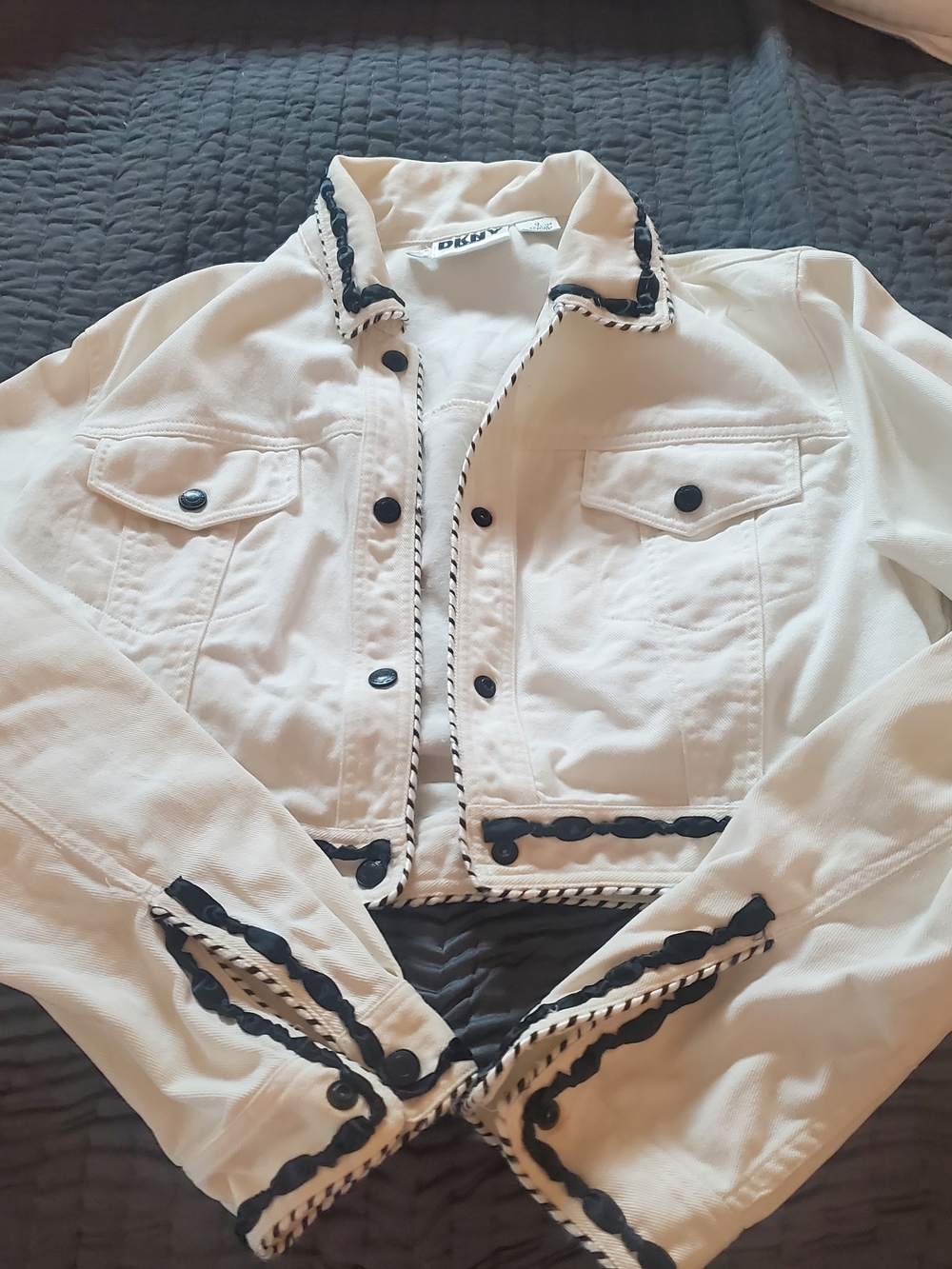 DKNY White Cropped Jacket with Black Trim and Braid Detail